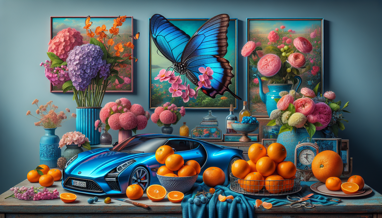 Affiche : Couleur en C - Butterfly cerulean, car coral, clementines, cotton cloth cyan, corner cobalt vase & cream blossoms. Prof. pic quality.