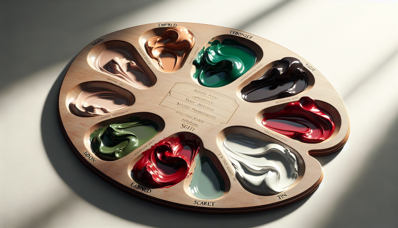 Palette de peinture Émeraude, Ébène, Écarlate, Étain sur fond blanc avec Écriture élégante.