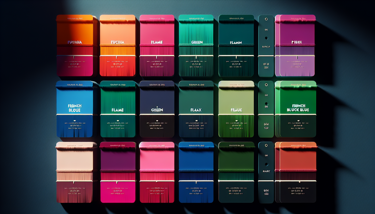 Palette de couleurs F : Fuchsia, Vert ForĂȘt, Flamme, Lin, Bleu Français, vives & Ă©lĂ©gantes.