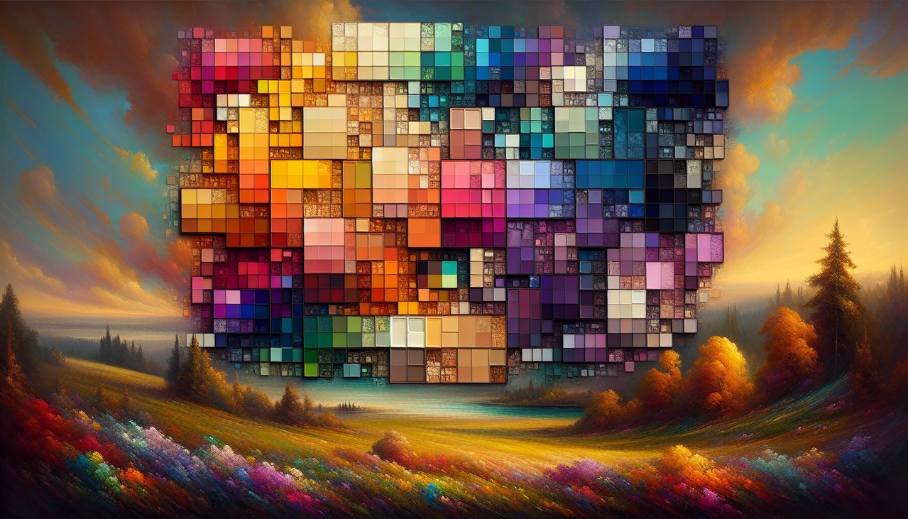 Couleur en H : palette diversifiée avec des teintes allant de l'héliotrope au violet han, artistiquement présentées sur une toile éclairée naturellement. "Palette couleurs de H sur toile, nature lumière"