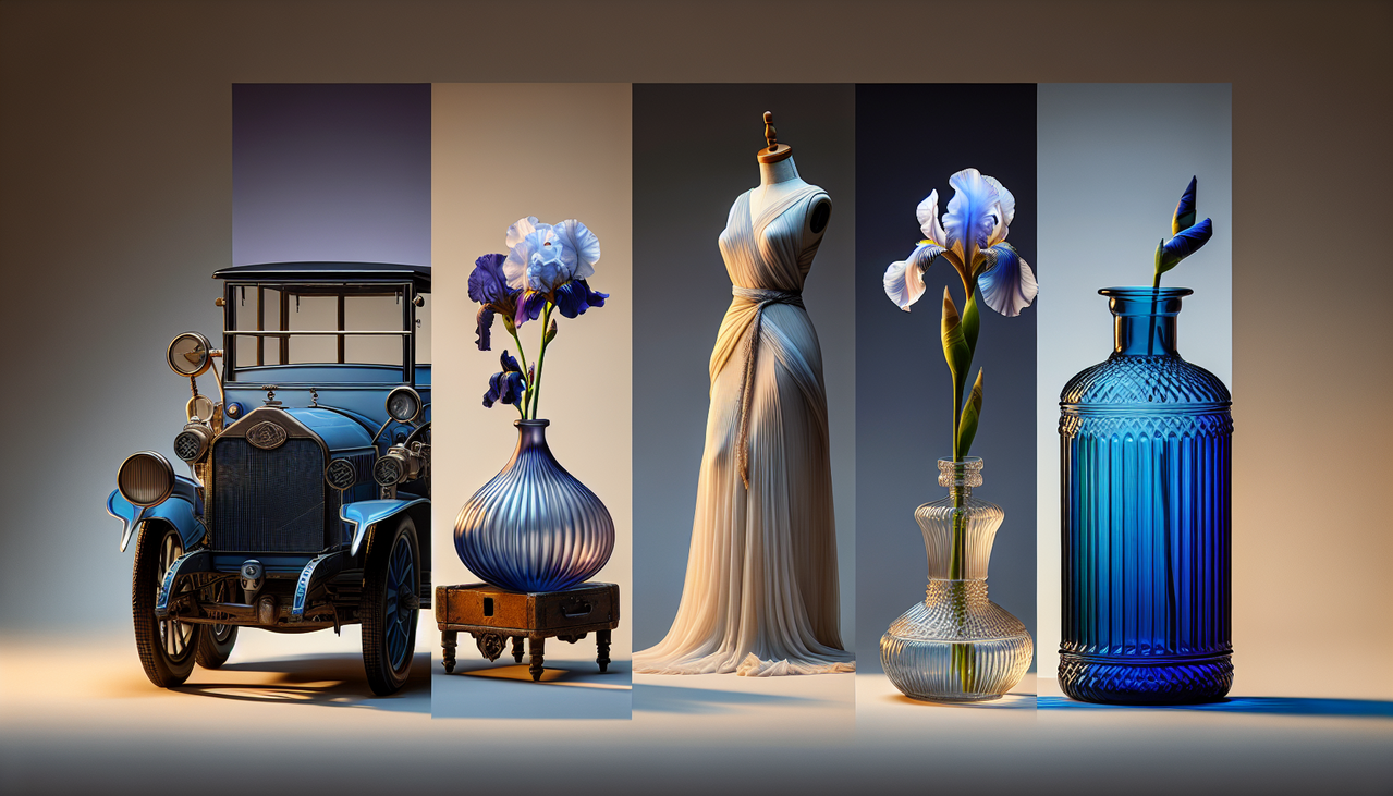 Couleur en I - Voiture indigo, robe ivoire, fleur iris, vase bleu pâle.