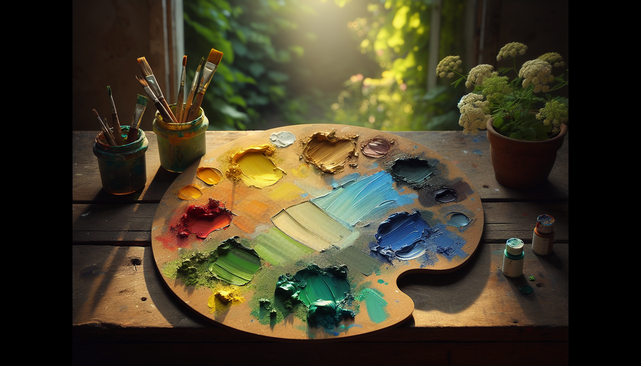 Palette artiste avec couleurs jade, jaune jasmin et bleu jean sur table bois avec flou floral.