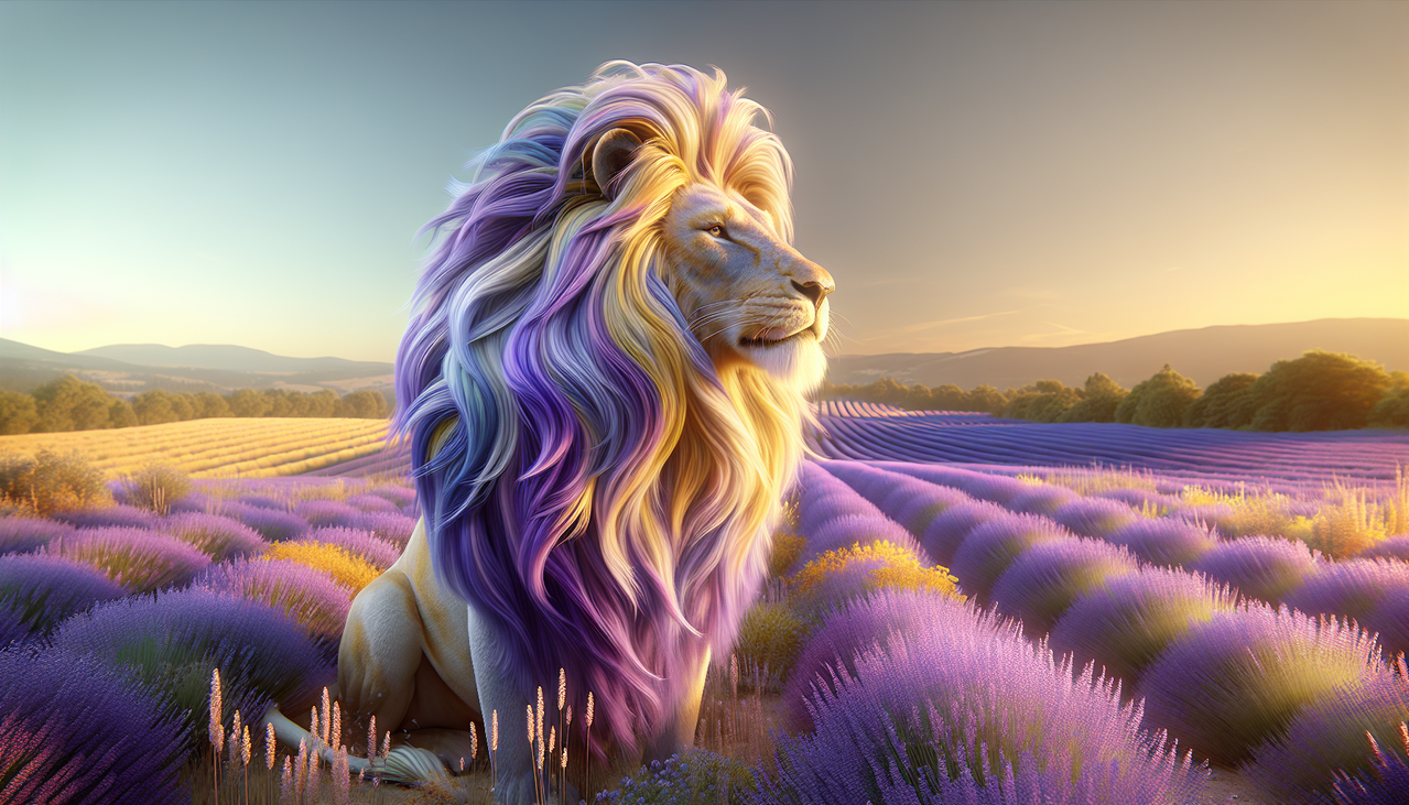 Lion majestueux à la crinière aux tons de citron, lilas et lime, sous un ciel lilas, champ de lavande en arrière-plan.