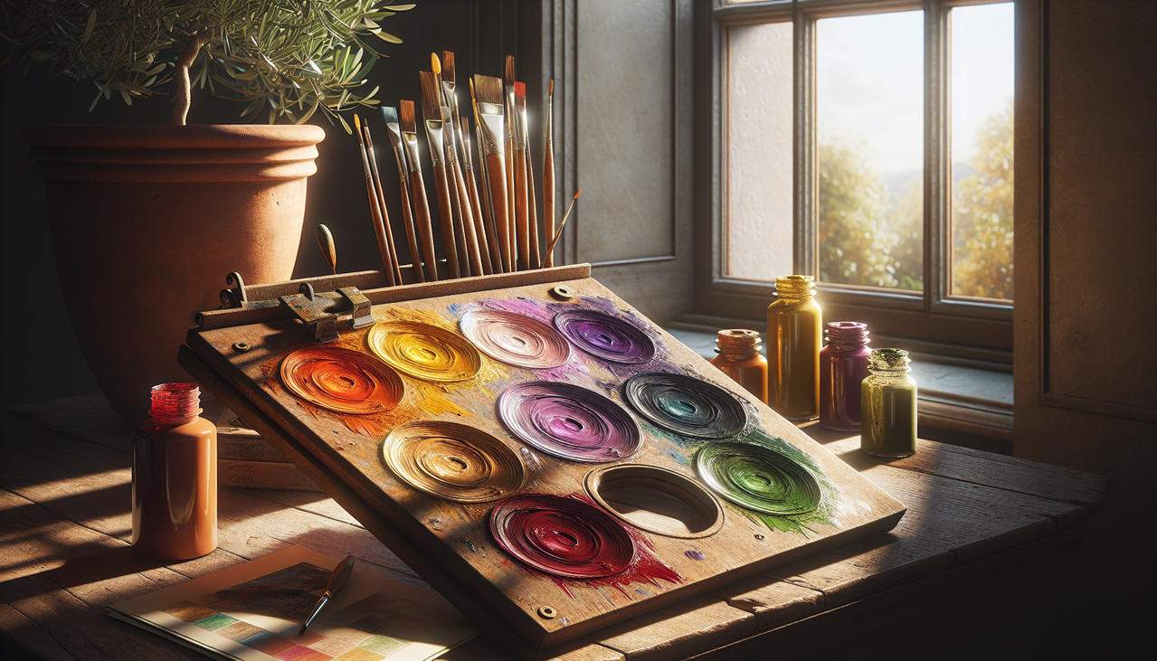 Palette de couleurs en O : orange, ocre, olive, sur un ancien plateau d'artiste en bois.