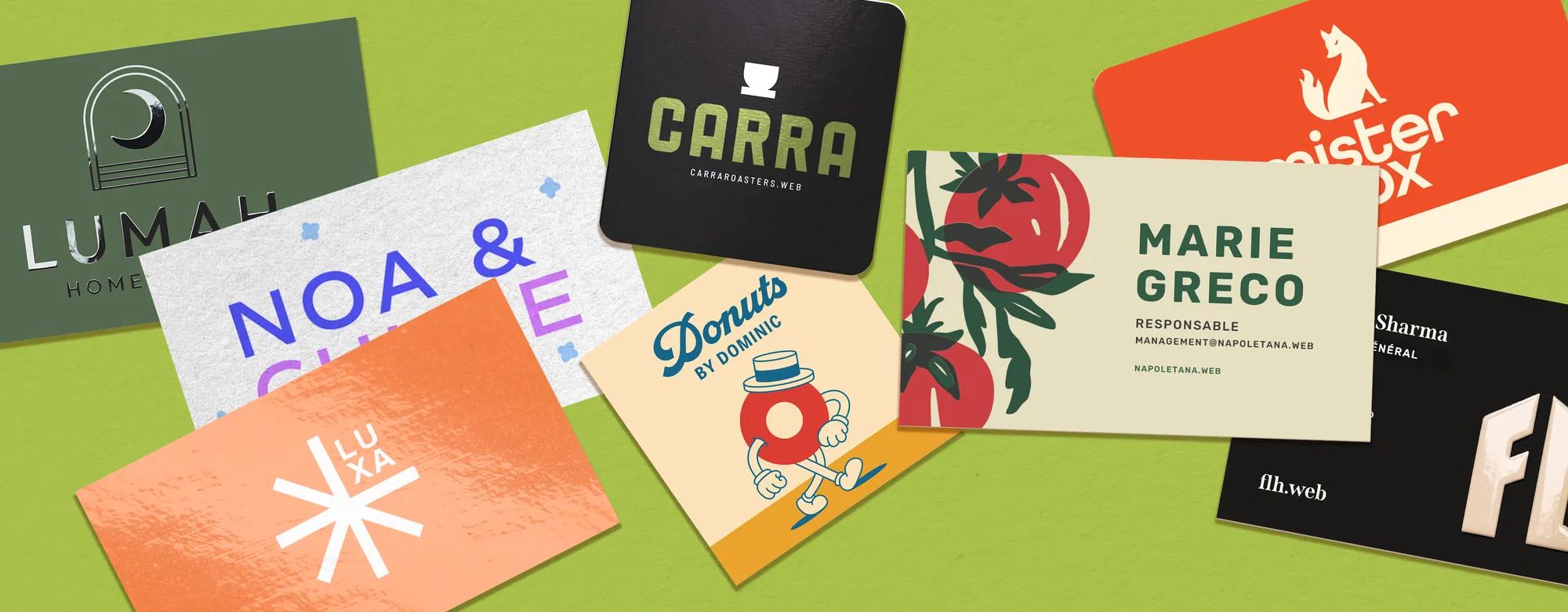 Plusieurs cartes de visite au format standard empilées sur un bureau, à côté d'une carte bancaire