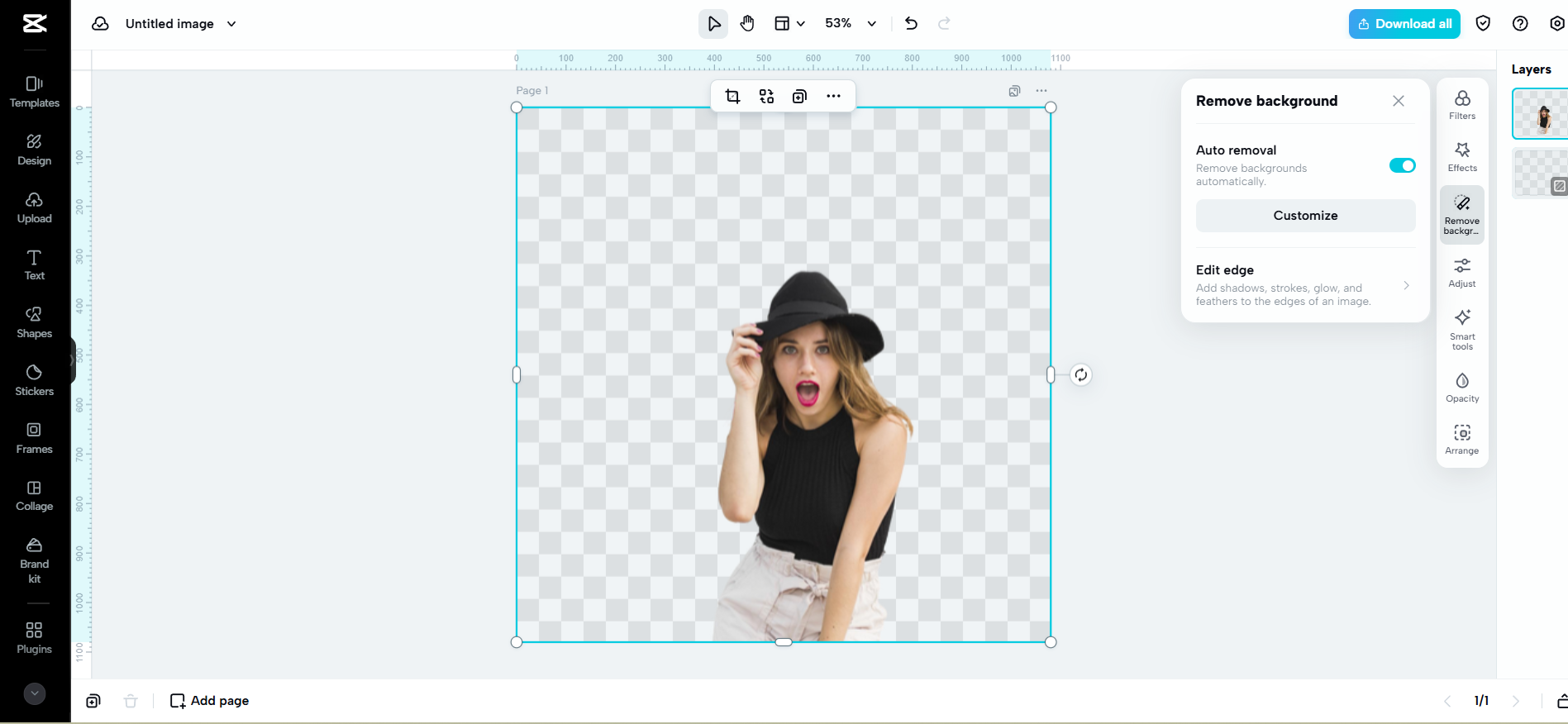 Détourage d'une photo dont l'arrière-plan a été effacé pour obtenir un fond transparent
